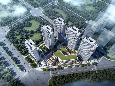 Modern High Rise Residential Complex With Greenery Roads And Park Area 3d model