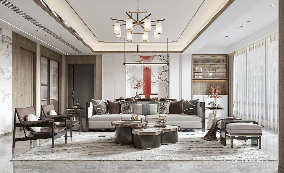Elegant Modern Living Room Interior Design With Sofa Coffee Table Chandelier And Decorative Painting 3d model 