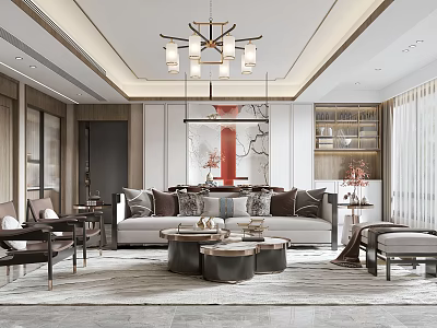 Elegant Modern Living Room Interior Design With Sofa Coffee Table Chandelier And Decorative Painting 3d model