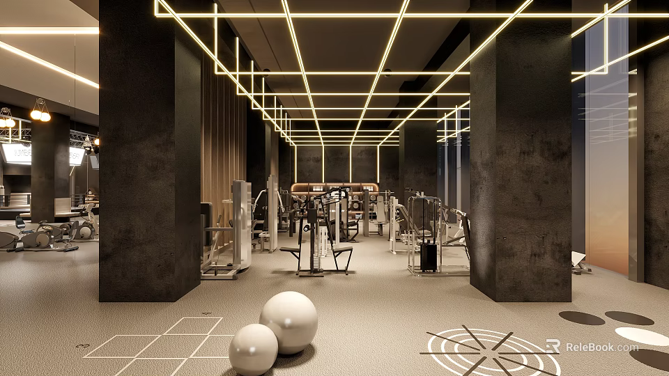 Modern Fitness Gym Interior With Workout Equipment And LED Lighting Design 3d model 