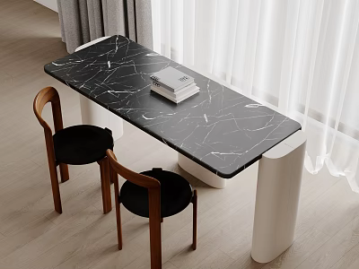 Modern Dining Table Set With Marble Top Wooden Chairs Black Seats And White Legs 3d model