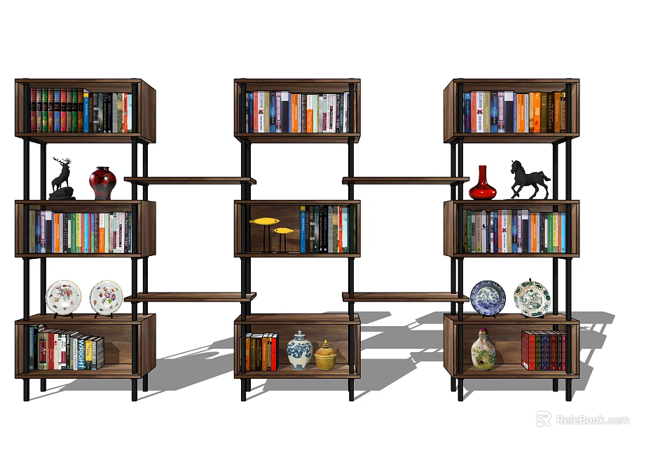 Wooden Bookcases with Multiple Shelves Books Decorative Sculptures Vases Plates and Modern Design 3d model 