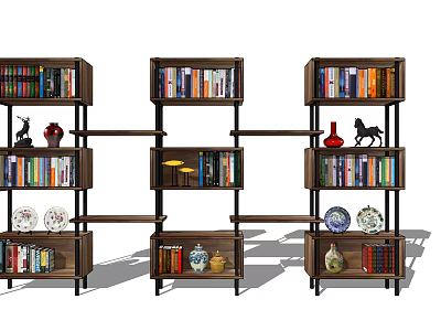 Wooden Bookcases with Multiple Shelves Books Decorative Sculptures Vases Plates and Modern Design 3d model