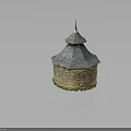 Round Stone Building Model With Gray Tile Roof Pointed Spire And Green Base Decoration
