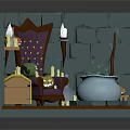 Enchanting Wizard Chamber With Stone Cauldron Purple Throne Brick Walls Bottles Pumpkins Chest And Broom