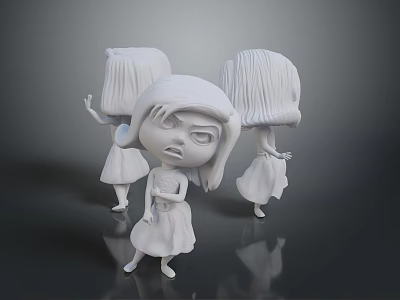 Three white cartoon girl figures standing in different poses with varied expressions 3d model