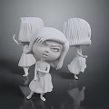 Three white cartoon girl figures standing in different poses with varied expressions