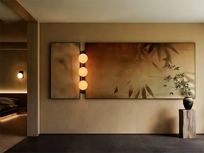Abstract Painting With Bamboo Leaves In Interior Setting With Circular Lights And Vase Plant 3d model