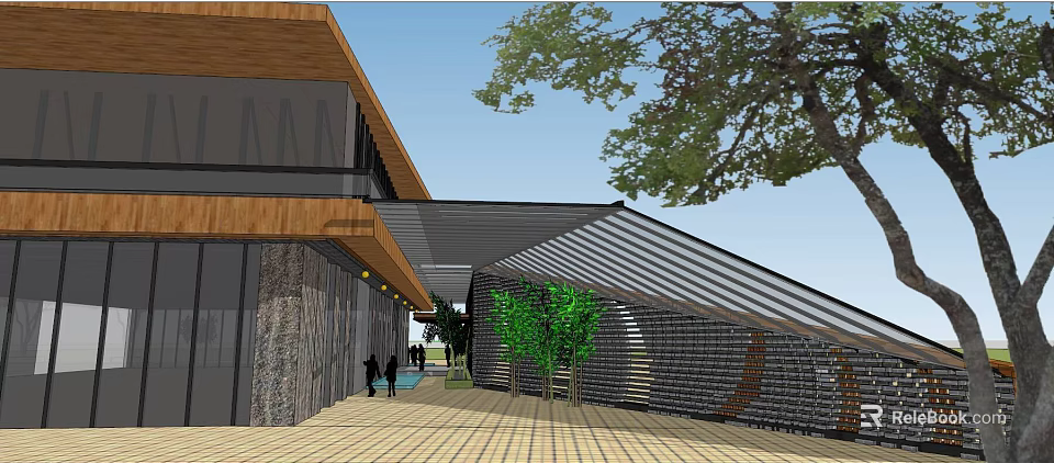 Modern Sales Office Building Featuring Wooden Structure Glass Roof Stone Walls And Trees 3d model 