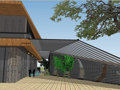 Modern Sales Office Building Featuring Wooden Structure Glass Roof Stone Walls And Trees 3d model