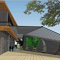 Modern Sales Office Building Featuring Wooden Structure Glass Roof Stone Walls And Trees