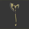 Ornate Fantasy Axe With Golden Accents Red Glowing Blade And Black Handle