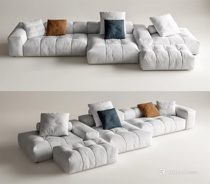 Modern White Modular Sectional Sofa With Brown Blue And White Pillows 3d model 