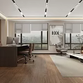 Modern Office Interior With Desk Computer Sofa Coffee Table And City View Window 3d model