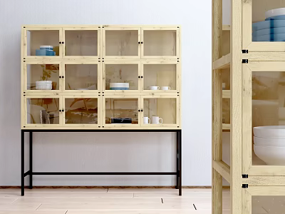 Modern Wooden Sideboard With Glass Doors Black Metal Legs And Dishes Storage 3d model