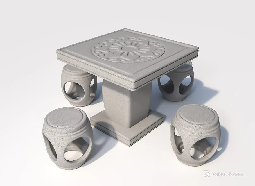 Solid Stone Outdoor Table Square Carved Surface With Four Hollow Design Stools 3d model