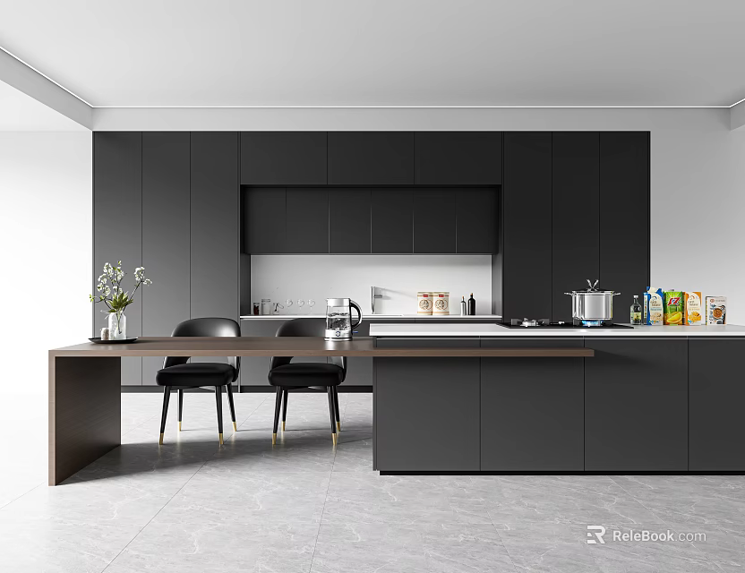 Contemporary Kitchen Interior With Dark Cabinets Island Counter And Black Dining Chairs 3d model 
