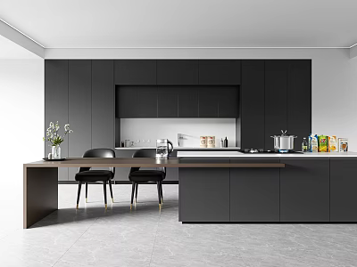 Contemporary Kitchen Interior With Dark Cabinets Island Counter And Black Dining Chairs 3d model