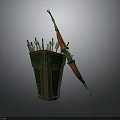 Green And Brown Longbow With Quiver Filled With Arrows As Traditional Archery Weapon