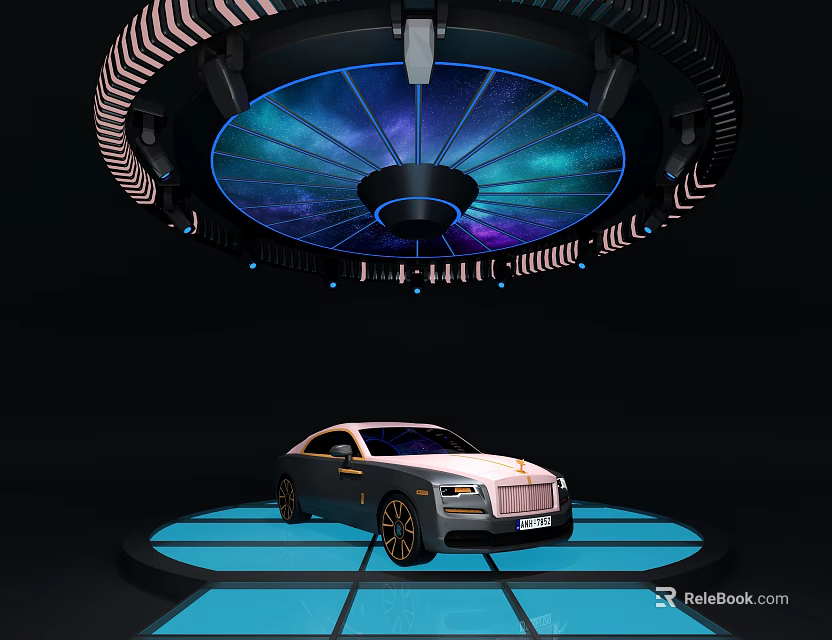 Futuristic Circular Display Platform With Starry Sky Ceiling And Luxury Car 3d model 