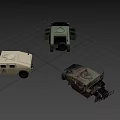 Three Military Off Road Vehicles In Green Camouflage And Beige Colors