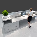 Modern Bosch Reception Desk Featuring White Blue Design Tablet And Small Plant