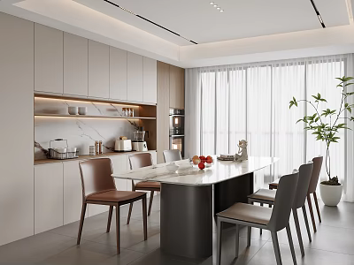 Modern Restaurant Interior With White Dining Table Brown Chairs Cabinets Plant And Natural Light 3d model