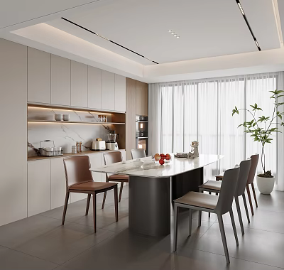 Modern Restaurant Interior With White Dining Table Brown Chairs Cabinets Plant And Natural Light 3d model
