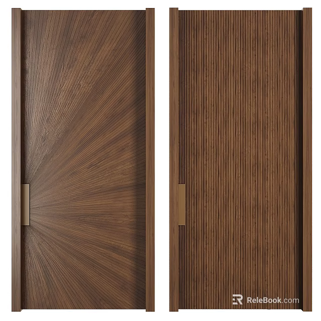 Modern Security Door With Wood Grain Texture And Vertical Stripe Design Featuring Metal Handle 3d model 