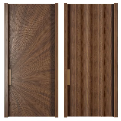 Modern Security Door With Wood Grain Texture And Vertical Stripe Design Featuring Metal Handle 3d model