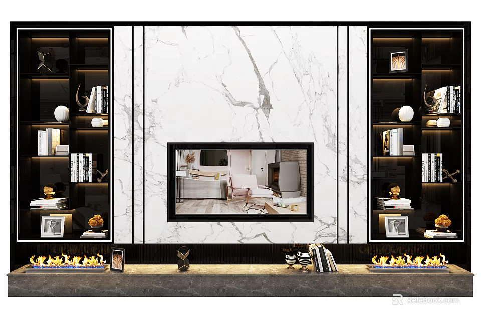 Modern TV Wall Unit with Marble Backdrop Open Shelves and Decorative Items 3d model