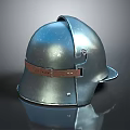 Shiny Silver Metallic Helmet With Brown Leather Strap And Reflective Surface 3d model