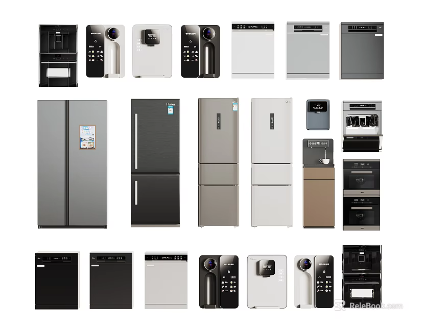 Various Modern Kitchen Appliances Including Refrigerators Ovens Coffee Makers And Dishwashers 3d model