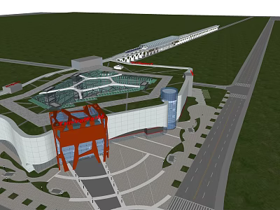 Large Integrated Building Complex Architectural Design With Red Arch Structure White Main Building And Glass Roof 3d model