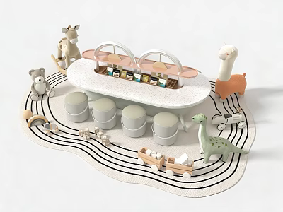 Playroom With Animal Figurines Round Stools Toy Counter And Wavy Line Rug 3d model