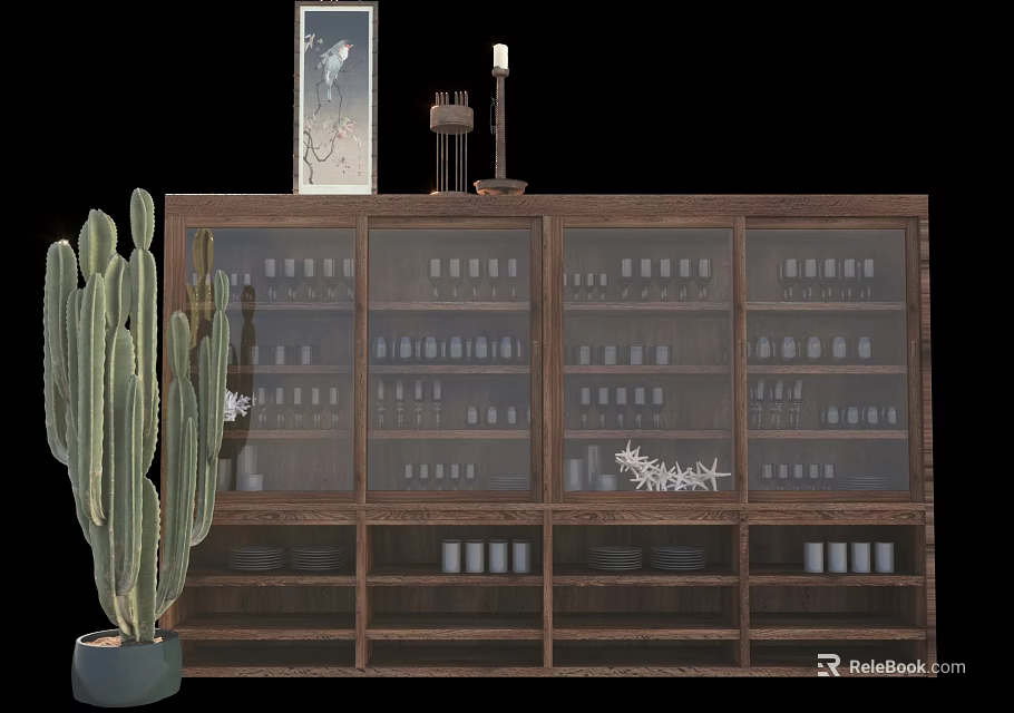 Wooden Cabinet with Glass Doors Bottles and Top Decorations Beside Green Cactus 3d model 