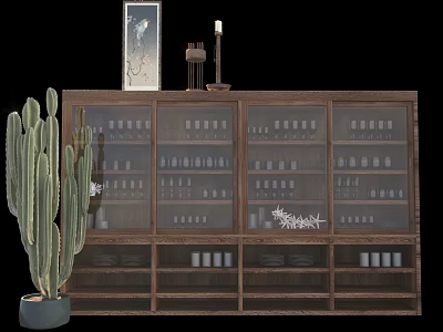 Wooden Cabinet with Glass Doors Bottles and Top Decorations Beside Green Cactus 3d model