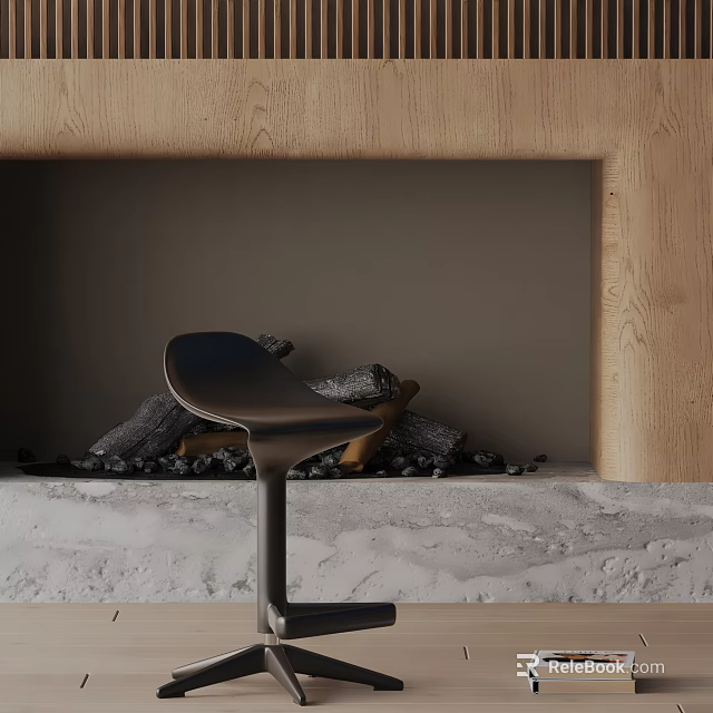 Stylish Modern Bar Stool by Wooden Fireplace with Stacked Firewood and Concrete Countertop 3d model 