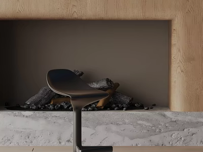 Stylish Modern Bar Stool by Wooden Fireplace with Stacked Firewood and Concrete Countertop 3d model