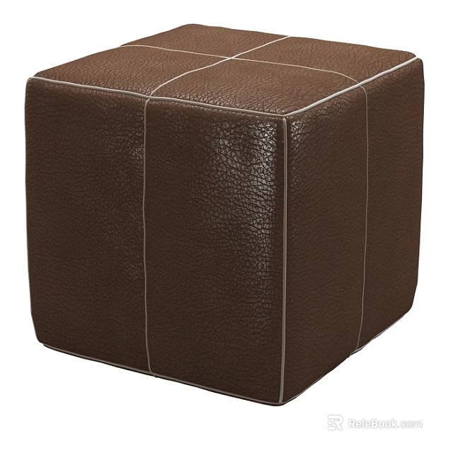 Brown Leather Square Ottoman With Stitching Detail For Living Room Decor 3d model 