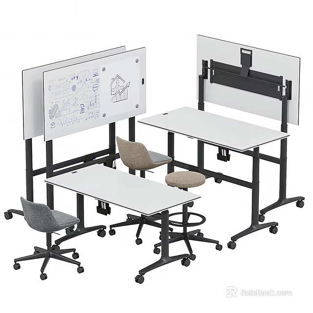 Modern Mobile Office Desk Workspace With Whiteboard And Rolling Chairs On Wheels 3d model 