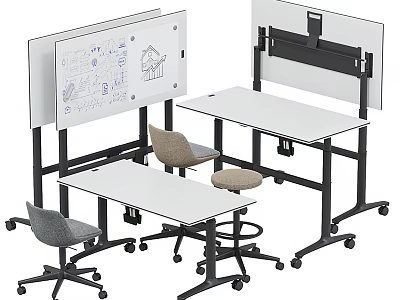 Modern Mobile Office Desk Workspace With Whiteboard And Rolling Chairs On Wheels 3d model