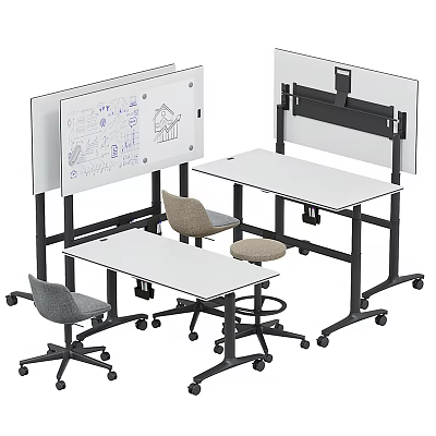 Modern Mobile Office Desk Workspace With Whiteboard And Rolling Chairs On Wheels 3d model