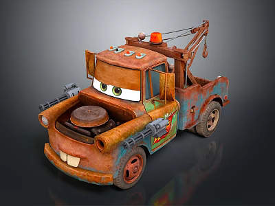 Rusty Cartoon Tow Truck With Big Eyes Orange Warning Light And Crane 3d model