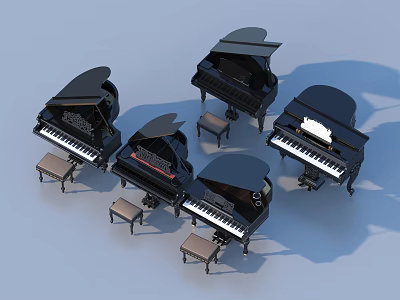 Multiple Black Grand Pianos With Matching Stools On Light Colored Background 3d model