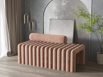 Pink Upholstered Sofa Bench with Ribbed Design in Modern Room Gray Wall Arched Decor and Potted Plant 3d model