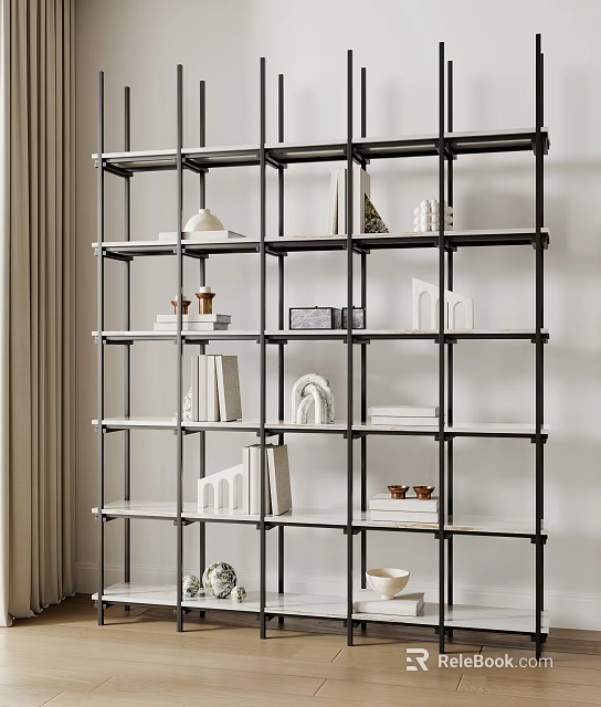 Modern Home Shelving Unit With Black Frame White Shelves And Decorative Items 3d model 