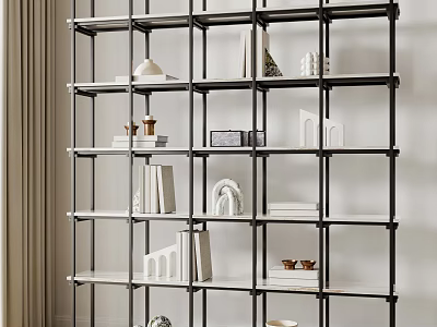 Modern Home Shelving Unit With Black Frame White Shelves And Decorative Items 3d model