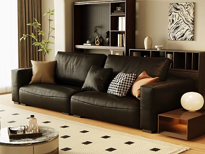 Black Leather Three Seater Sofa with Decorative Pillows on Geometric Rug and Side Table 3d model
