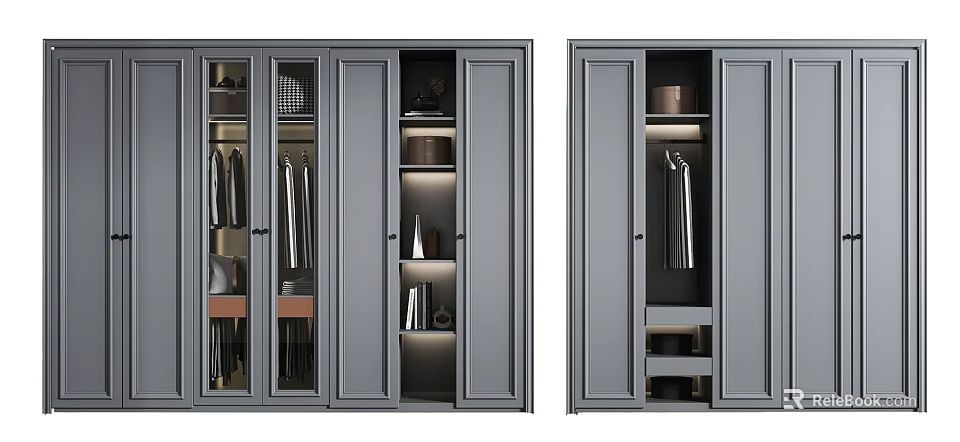Modern Grey Wardrobe With Multi Panel Doors Interior Lighting And Organized Storage Compartments 3d model 